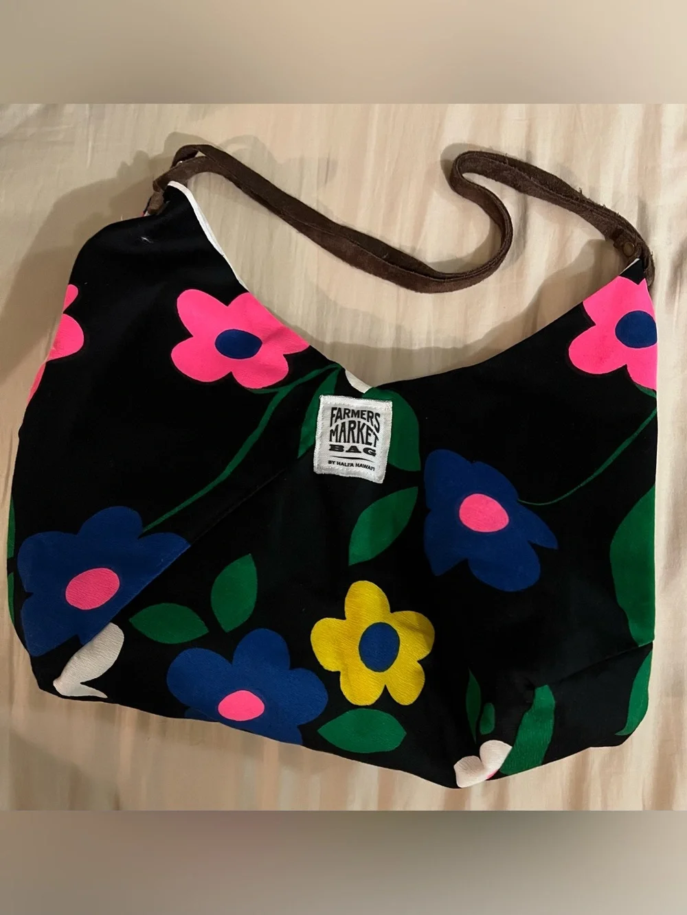 One of a Kind Made in Hawaii Vintage Fabric Farmers Market Bag w/Suede straps